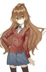  1girl aisaka_taiga black_thighhighs blue_skirt brown_eyes brown_hair buttons double-breasted flat_chest frown hand_on_hip jacket long_hair oohashi_high_school_uniform pako_(pakosun) pleated_skirt red_jacket school_uniform skirt solo thighhighs toradora! 