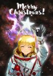  1girl antenna_hair bangs blonde_hair blunt_bangs blush christmas_ornaments closed_eyes closed_mouth facing_viewer frederika_(hitsugi_no_chaika) highres hitsugi_no_chaika holding merry_christmas smile solo space spacesuit upper_body viroa 