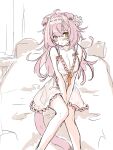 1girl alternate_hairstyle an_fyhx animal_ears arknights bare_legs bare_shoulders bed_sheet between_legs blush breasts cat_ears cat_girl cat_tail cleavage closed_mouth collarbone feet_out_of_frame goldenglow_(arknights) hair_down hairband hand_between_legs highres indoors large_breasts lingerie lolita_hairband long_hair looking_at_viewer negligee on_bed orange_eyes pink_hair sitting solo tail underwear underwear_only v_arms 