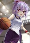  1girl akisome_hatsuka basketball bat_wings black_shorts blurry blurry_background breasts fang hair_bobbles hair_ornament indoors looking_at_viewer medium_breasts open_mouth ponytail purple_hair red_eyes remilia_scarlet shirt short_hair short_sleeves shorts solo touhou white_shirt wings wristband 
