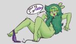  2019 anthro anus barely_visible_anus clothing convenient_censorship dialogue english_text eyebrows female fur glistening_eyelids green_body green_fur green_hair hair hair_covering_breasts hi_res leaning leaning_back long_hair mammal mouse murid murine nude panties panties_around_ankle panties_around_one_leg polygonheart rodent smile snaggle_tooth solo text thick_eyebrows thin_tail underwear underwear_around_one_leg yellow_eyes 