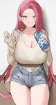  1girl absurdres beer_can blue_eyes breasts can character_request copyright_request ear_piercing highres large_breasts long_hair mole mole_on_breast mole_under_eye oh_(aung_ae) piercing pink_hair shorts smile solo 