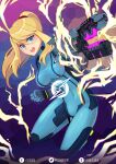  blonde_hair blue_bodysuit blue_eyes bodysuit energy_whip gun holding holding_gun holding_weapon metroid mole mole_under_mouth open_mouth purple_background samus_aran seikoru weapon zero_suit 