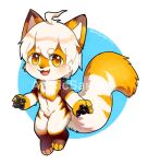  2017 abstract_background anthro artist_name asnnonaka black_pawpads brown_body brown_fur canid chibi dated featureless_crotch front_view full-length_portrait fur glistening glistening_eyes glistening_pawpads hair looking_at_viewer male mammal messy_hair nude open_mouth open_smile orange_body orange_eyes orange_fur pawpads portrait signature smile solo watermark white_body white_fur white_hair 