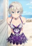  1girl anastasia_(idolmaster) beach blue_sky breasts casual_one-piece_swimsuit cloud collarbone cowboy_shot day green_eyes hair_between_eyes idolmaster idolmaster_cinderella_girls idolmaster_cinderella_girls_starlight_stage inoshira leaning_forward medium_breasts ocean one-piece_swimsuit outdoors purple_one-piece_swimsuit short_hair sky smile solo standing swimsuit 