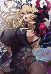  1girl armor blonde_hair breasts chain circlet covered_navel earrings elbow_gloves fairy_knight_gawain_(fate) fate/grand_order fate_(series) gloves hair_between_eyes halterneck heterochromia highres huge_breasts jewelry long_hair looking_at_viewer open_mouth pantyhose pauldrons shoulder_armor sideboob simple_background single_pauldron solo toyosu white_background 