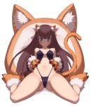  1girl animal_ear_fluff animal_ears animal_hands babydoll black_panties blue_eyes blush breasts brown_footwear brown_hair cameltoe cat_ears cat_girl cat_tail closed_mouth commentary facial_mark full_body fur-trimmed_gloves fur_trim gloves highres jilu lifted_by_self long_hair looking_at_viewer medium_breasts navel orange_gloves original panties panty_lift paw_gloves paw_shoes romaji_text shadow simple_background smile solo tail underwear very_long_hair whisker_markings white_background 