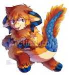  2017 asnnonaka blue_body blue_hooves blue_horn blue_scales brown_hair dated full-length_portrait fur glistening glistening_eyes gradient_hair green_eyes hair hooves horn kneeling male multicolored_hair open_mouth open_smile orange_body orange_fur orange_hair portrait scales simple_background smile solo species_request striped_horn stripes tan_body tan_fur three-quarter_view tongue tongue_out two_tone_hair white_background 