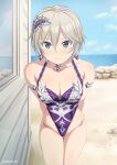  1girl anastasia_(idolmaster) beach blue_sky breasts casual_one-piece_swimsuit cloud collarbone cowboy_shot day green_eyes hair_between_eyes idolmaster idolmaster_cinderella_girls idolmaster_cinderella_girls_starlight_stage inoshira leaning_forward medium_breasts ocean one-piece_swimsuit outdoors purple_one-piece_swimsuit short_hair sky smile solo standing swimsuit 