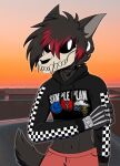  black_body black_fur black_hair black_tail bone clothed clothing fangs fully_clothed fur hair jewelry multicolored_hair necklace outside red_hair skull skulldog_(species) two_tone_hair unknown_artist 