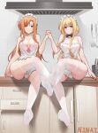  2girls absurdres alice_zuberg apron asuna_(sao) bare_shoulders blonde_hair braid braided_ponytail breasts brown_eyes brown_hair crossed_fingers crossed_legs feet hair_intakes highres holding holding_hands kitchen knife long_hair looking_at_viewer medium_breasts multiple_girls naked_apron necktie ninai no_bra no_panties no_shoes soles sword_art_online sword_art_online:_alicization thighhighs toes white_apron yuri 