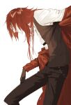  1boy black_gloves coat commentary_request glasses gloves grell_sutcliff grin kuroshitsuji long_hair male_focus pako_(pakosun) red-framed_eyewear red_coat red_eyes red_hair sharp_teeth smile solo teeth 