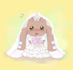  anthro bandai_namco beady_eyes blush bouquet brown_body brown_fur clothing digimon digimon_(species) dress fur hi_res lagomorph leporid lopmon mammal mas_square rabbit solo wedding_dress white_clothing 