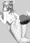  1girl absurdres animal_ears ass back bangs bare_shoulders blue_archive blunt_bangs blush breasts dog_ears dog_tail eo_masaka fishnet_pantyhose fishnets greyscale halo hibiki_(blue_archive) highres long_hair lying monochrome on_stomach pantyhose pleated_skirt ponytail skirt solo sweatdrop tail 