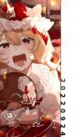  1girl :d blonde_hair dated diffraction_spikes fangs flandre_scarlet frilled_shirt_collar frills glint hair_between_eyes happy hat highres indoors laspberry. looking_at_viewer mob_cap open_mouth red_eyes smile solo stuffed_animal stuffed_toy teddy_bear teeth tongue touhou wings 