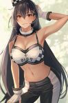  :3 armpits bangs black_hair blurry blurry_background breasts brown_eyes cleavage closed_mouth detached_collar english_text fingerless_gloves gloves hair_between_eyes hair_ornament hand_on_own_head hand_on_own_knee highres kantai_collection kasumi_(skchkko) large_breasts long_hair looking_at_viewer nagato_(kancolle) navel race_queen simple_background sparkle white_gloves x_hair_ornament 