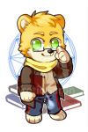  2017 anthro artist_name asnnonaka black_nose blonde_eyebrows blonde_hair blue_bottomwear blue_clothing blue_pants bottomwear brown_clothing brown_jacket brown_topwear cheek_tuft chibi clothed clothing dated eyebrows eyewear facial_tuft front_view full-length_portrait fur glasses glistening glistening_eyes green_eyes hair holding_wand jacket male mammal no_pupils pants portrait red_bottomwear red_clothing red_pants scarf short_hair simple_background solo square_glasses standing tan_body tan_clothing tan_fur tan_topwear topwear tuft ursid wand watermark yellow_body yellow_fur yellow_scarf 