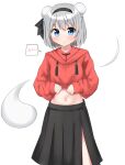  1girl bangs black_bow black_hairband black_skirt blue_eyes blush bow bow_hairband bun_cover clothes_lift clothes_pull commentary dot_nose drawstring frills frown ghost hairband highres hood hoodie konpaku_youmu konpaku_youmu_(ghost) looking_at_viewer navel pleated_skirt red_hoodie shirt_pull short_hair simple_background skirt solo speech_bubble touhou white_background white_hair youmu-kun 