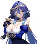  1girl absurdres arm_under_breasts bare_shoulders black_gloves blue_hair blue_hood breast_hold breasts claw_ring cleavage closed_mouth detached_sleeves genshin_impact gloves hand_up highres jewelry large_breasts layla_(genshin_impact) long_hair long_sleeves mili_(pixiv24297867) neck_ring pointy_ears puffy_long_sleeves puffy_sleeves ringlets shiny shiny_skin simple_background smile solo twintails white_background yellow_eyes 