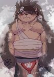  anthro asian_clothing bandanna belly blush bulge canid canine canis clothing domestic_dog east_asian_clothing fundoshi fur grey_body grey_fur hair hair_over_eye hi_res japanese_clothing kerchief lifewonders male mammal musclegut nipples one_eye_obstructed pecs ponytail scar shino_(housamo) solo steam tokyo_afterschool_summoners underwear video_games yaoyasohachi 