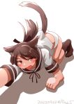  1girl all_fours animal_ears brown_eyes brown_hair brown_sailor_collar cat_ears cat_tail commentary_request kantai_collection no_pants one-hour_drawing_challenge panties ponytail ray.s sailor_collar school_uniform serafuku shikinami_(kancolle) shirt short_hair simple_background solo tail underwear white_background white_panties white_shirt 