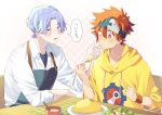  2boys blue_eyes blue_hair closed_eyes food hair_between_eyes hasegawa_langa headband highres hood hoodie kyan_reki long_sleeves male_focus multiple_boys omurice one_eye_closed open_mouth orange_eyes orange_hair overflow red_hair salad shirt short_hair sk8_the_infinity table uppi white_shirt yellow_hoodie 