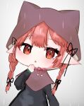  1girl animal_ears ao_orin_ringo bell blush braid capelet cat_ears chestnut_mouth chibi grey_background hand_up highres hood jingle_bell kaenbyou_rin looking_at_viewer pointy_ears poncho rain red_hair solo touhou twin_braids 