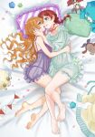  2girls bed bed_sheet brown_hair emma_verde feet goat hair_ornament happy highres hug konoe_kanata legs long_hair looking_at_another love_live! love_live!_nijigasaki_high_school_idol_club monowe multiple_girls pajamas pillow purple_eyes school_uniform sheep soles stuffed_toy toes yuri 