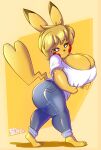  anthro big_breasts blonde_hair bottomwear breasts cleavage clothed clothing female generation_1_pokemon hair hi_res huge_breasts mature_female nintendo pants pikachu pokemon pokemon_(species) solo solratic video_games 