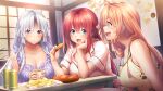  3girls ahoge ainokura_kazuha amanatsu aqua_eyes bangs blonde_hair blue_eyes blurry bokeh breasts can chips_(food) cleavage collarbone cup depth_of_field eating food game_cg highres holding holding_cup holding_food indoors large_breasts long_hair long_sleeves mole mole_under_eye multiple_girls official_art open_mouth paw_print photoshop_(medium) profile purple_eyes red_hair short_sleeves sitting soda_can table white_hair 