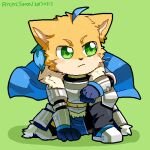  1:1 2017 anthro armor asnnonaka blue_cape blue_clothing blue_gloves blue_handwear clothed clothing dated domestic_cat felid feline felis front_view full-length_portrait fur glistening glistening_eyes gloves green_background green_eyes handwear head_tuft kneeling_on_one_leg looking_aside low_res male mammal mouth_closed portrait signature simple_background solo tan_body tan_fur tuft yellow_body yellow_fur 