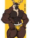  2022 abs absurd_res anthro antlers artist_name barazoku biceps big_bulge big_muscles big_pecs body_hair border bulge cervid clothed clothing darknaigart eyebrows fur hand_on_hip happy_trail hi_res horn huge_muscles huge_thighs male mammal muscular muscular_anthro muscular_male navel nipples obliques pecs pubes simple_background smile solo standing thick_thighs topless topless_anthro topless_male tuft underwear white_border yellow_background 
