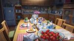  book bottle bowl coffee cookie cupboard dining_room flower food fruit frying_pan glass_bowl indoors jar kitchen microwave no_humans original plate refrigerator scenery sink strawberry table toast toaster utensil water_bottle xingzhi_lv 