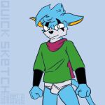  2022 anthro black_nose blue_background blue_body blue_fur bulge canid canine canis clothed clothing digital_drawing_(artwork) digital_media_(artwork) digital_painting_(artwork) drip_(jack) fist fur green_clothing green_topwear half_naked hi_res hybrid jack_(webcomic) long_tail looking_at_viewer male mammal markings multicolored_body multicolored_fur murid murine panties partially_clothed rat rodent scarf shaded signature simple_background simple_coloring simple_eyes simple_shading solo sweet.lemons tail topwear underwear white_clothing white_underwear wolf 