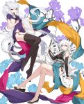  2girls absurdres animal_ears blue_eyes cat_ears cat_tail chinese_clothes detached_sleeves flower gloves hand_fan heterochromia highres long_hair multiple_girls multiple_tails panties paper_fan purple_eyes tail thighhighs tiger_ears tiger_tail underwear white_hair yellow_eyes yume_(454565427) 