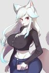  absurd_res anthro big_breasts blep breasts canid canine cellphone cleavage clothed clothing female fur hi_res holding_cellphone holding_object holding_phone mammal onikuman phone solo tongue tongue_out white_body white_fur wide_hips 