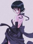  1girl backless_outfit bare_back bare_shoulders black_dress black_hair breasts clothes_lift dress elbow_gloves enoki_(gongindon) feet_out_of_frame from_behind glasses gloves hunter_x_hunter lifted_by_self looking_at_viewer looking_back medium_breasts shizuku_(hunter_x_hunter) short_hair sideboob simple_background skirt skirt_lift smile solo wind 