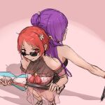  2girls bangs bikini blush breasts fire_emblem fire_emblem:_three_houses fire_emblem_heroes fire_emblem_warriors:_three_hopes hair_bun highres monica_von_ochs multiple_girls official_alternate_hairstyle red_eyes red_hair sanoyo_fe shez_(fire_emblem) shez_(fire_emblem)_(female) short_hair simple_background smile sunglasses swimsuit upper_body 