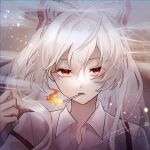  1girl bangs bow cigarette collared_shirt fujiwara_no_mokou hair_bow hand_up highres long_hair looking_at_viewer portrait red_bow red_eyes rokuya_(68_zusao) shirt signature smoke smoke_trail smoking solo suspenders suspenders_slip touhou two-tone_bow white_bow white_hair white_shirt 