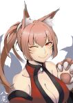  1girl absurdres animal_ear_fluff animal_ears animal_hands bare_shoulders breasts claws cleavage closed_mouth facial_mark fox_ears fox_girl fox_tail hair_between_eyes highres kawahara0527 large_breasts looking_at_viewer mon-musu_quest! multiple_tails one_eye_closed red_eyes simple_background smile solo tail unusually_open_eyes upper_body whisker_markings white_background yao_(mon-musu_quest!) yin_yang 