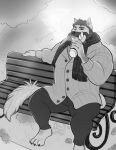  anthro autumn beard bench beverage canid canine clothing coffee container cup dalipuff detailed_background digital_media_(artwork) english_text facial_hair fur greyscale hair hi_res leaf male mammal monochrome monster muscular muscular_male outside park park_bench plant scarf smile solo sweater teeth text topwear tree 