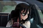  1girl black_hair car drive_(movie) driving gloves green_eyes ground_vehicle highres jacket kuroki_tomoko kurokimoko motor_vehicle ryan_gosling self_upload solo toothpick watashi_ga_motenai_no_wa_dou_kangaetemo_omaera_ga_warui! 