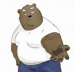 2022 anthro belly black_nose blush bottomwear brown_body clothing hi_res humanoid_hands male mammal overweight overweight_male pants pommn_mn shirt simple_background solo topwear ursid 