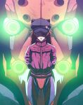  1girl badge black_headwear bodysuit button_badge closed_mouth eva_02 eyepatch highres jacket lucid-shwn mecha neon_genesis_evangelion orange_hair pilot_suit plugsuit rebuild_of_evangelion red_bodysuit red_jacket robot science_fiction souryuu_asuka_langley standing 