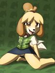  animal_crossing anthro bell bottomwear canid canine canis clothed clothing digital_media_(artwork) domestic_dog female fur fureezy hair hi_res isabelle_(animal_crossing) kneeling leaning leaning_back looking_at_viewer mammal nintendo panties shih_tzu signature simple_background skirt solo sweater sweater_vest topwear toy_dog underwear vest video_games yellow_body yellow_fur 