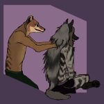  absurd_res anthro bottomwear clothed clothing dasyuromorph duo hair hi_res hyaenid male mammal mane marsupial open_mouth shorts simple_background smile strana_(artist) striped_body striped_hyena stripes thylacine topless topless_male 