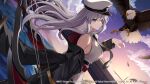  1girl azur_lane bald_eagle bird black_coat black_necktie bow_(weapon) cloud coat collared_shirt dutch_angle eagle enterprise_(azur_lane) evening flight_deck grey_eyes grey_hair grim_(azur_lane) hat highres holding holding_bow_(weapon) holding_weapon long_hair military_hat necktie open_clothes open_coat outdoors peaked_cap rigging shirt sleeveless sleeveless_shirt solo takehana_note very_long_hair water weapon white_headwear white_shirt 