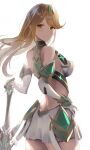  1girl absurdres aegis_sword_(xenoblade) bangs bare_shoulders blonde_hair breasts dress earrings elbow_gloves gloves headpiece highres jewelry large_breasts long_hair mythra_(xenoblade) sail_(sail-away) short_dress solo swept_bangs tiara very_long_hair white_dress white_gloves xenoblade_chronicles_(series) xenoblade_chronicles_2 yellow_eyes 