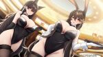  2girls alternate_costume animal_ear_fluff animal_ears atago_(azur_lane) azur_lane black_gloves black_leotard braid breasts brown_hair brown_thighhighs choukai_(azur_lane) cup detached_collar donkey_ears elbow_gloves fake_animal_ears fishnet_thighhighs fishnets from_below gloves hair_between_eyes hair_ribbon highleg highleg_leotard highres holding holding_cup holding_tray huge_breasts indoors lace-trimmed_legwear lace_trim leotard long_hair looking_at_viewer looking_down mole mole_under_eye multiple_girls playboy_bunny rabbit_ears ribbon side_braid siu_(siu0207) strapless strapless_leotard thighhighs tray very_long_hair white_gloves white_ribbon wrist_cuffs 