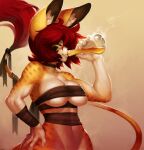  2013 accessory anthro breasts choker digital_media_(artwork) drinking_potion felid female furgonomics hair holding_object holding_potion inner_ear_fluff j_axer jewelry kami_cheetah_(aja_williams) mammal necklace potion red_hair simple_background smile solo spots spotted_body tail_accessory tuft wide_hips 